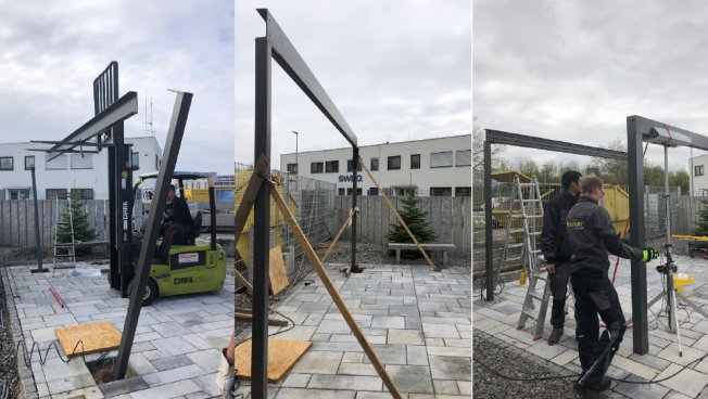 Hintere Pfosten des Terrassendaches im Fundament verankern, vordere Pfosten stellen, Pfosten mit Dachrahmen verbinden