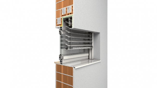 INTEGO.XP-RS Aluminium-Raffstorensystem auf QUADRO-Basis mit integriertem Insektenschutzgitter, Bild: ROMA