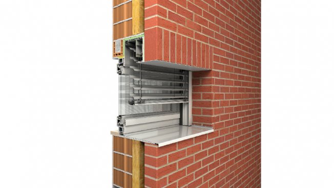 INTEGO.XP-RS Aluminium-Raffstorensystem auf QUADRO-Basis mit integriertem Insektenschutzgitter in Klinkerfassade, Bild: ROMA